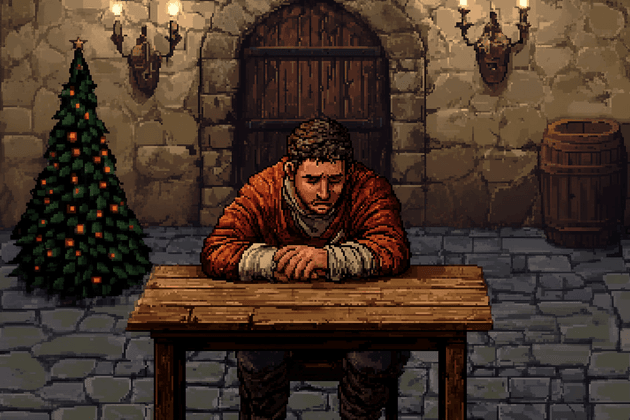 Animated image of a villager sitting alone with a Christmas tree in the background