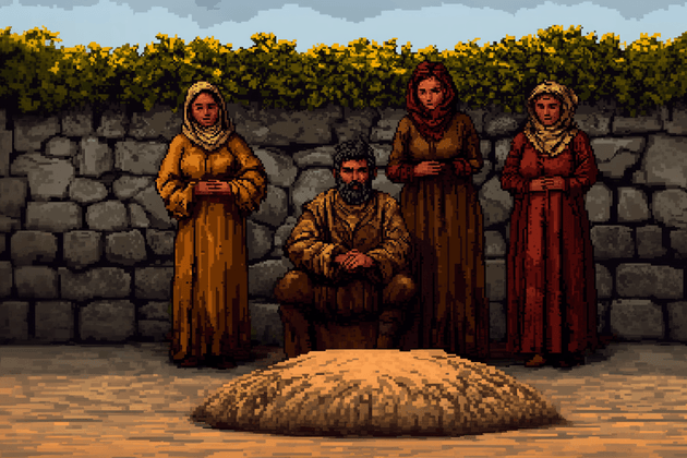 Animated image of a group of villagers standing around a burial site