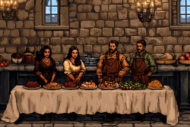 Animated image of villagers around a table ready to feed the poor