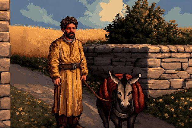 Animated image of a man and his donkey on the road